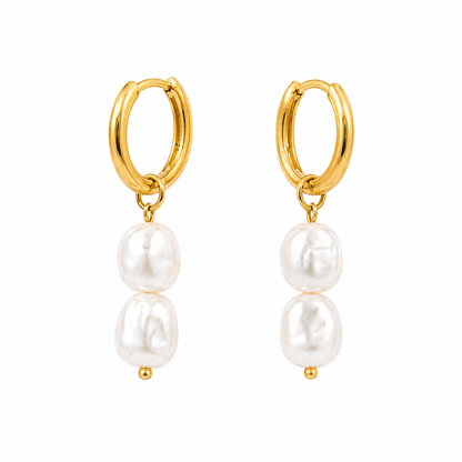 Golden Pearl Drop Huggie Earrings with white pearl drops, waterproof anti-tarnish gold stainless steel