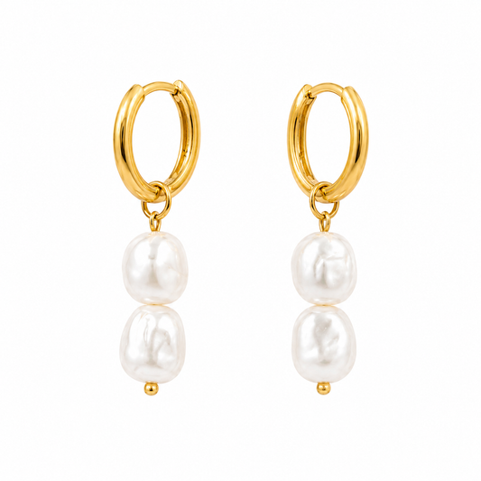 Golden Pearl Drop Huggie Earrings with white pearl drops, waterproof anti-tarnish gold stainless steel