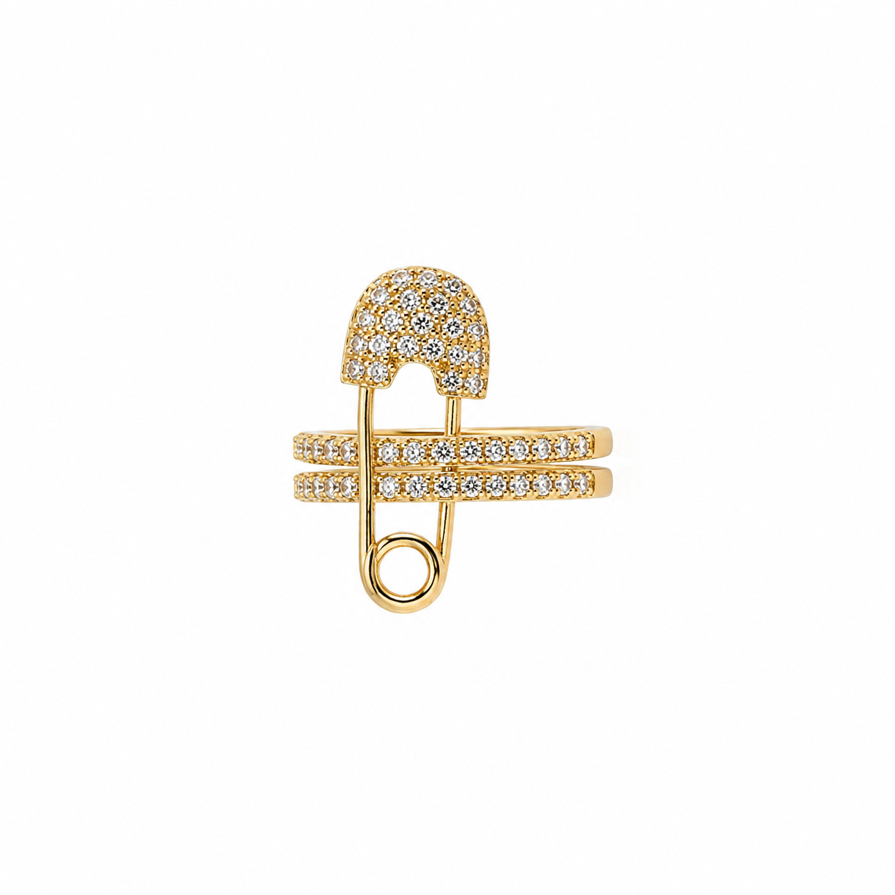 Golden Double Pin Safety Ring with double crystal pavé bands in polished gold, waterproof anti-tarnish stainless steel statement ring