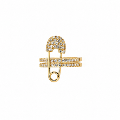 Golden Double Pin Safety Ring with double crystal pavé bands in polished gold, waterproof anti-tarnish stainless steel statement ring
