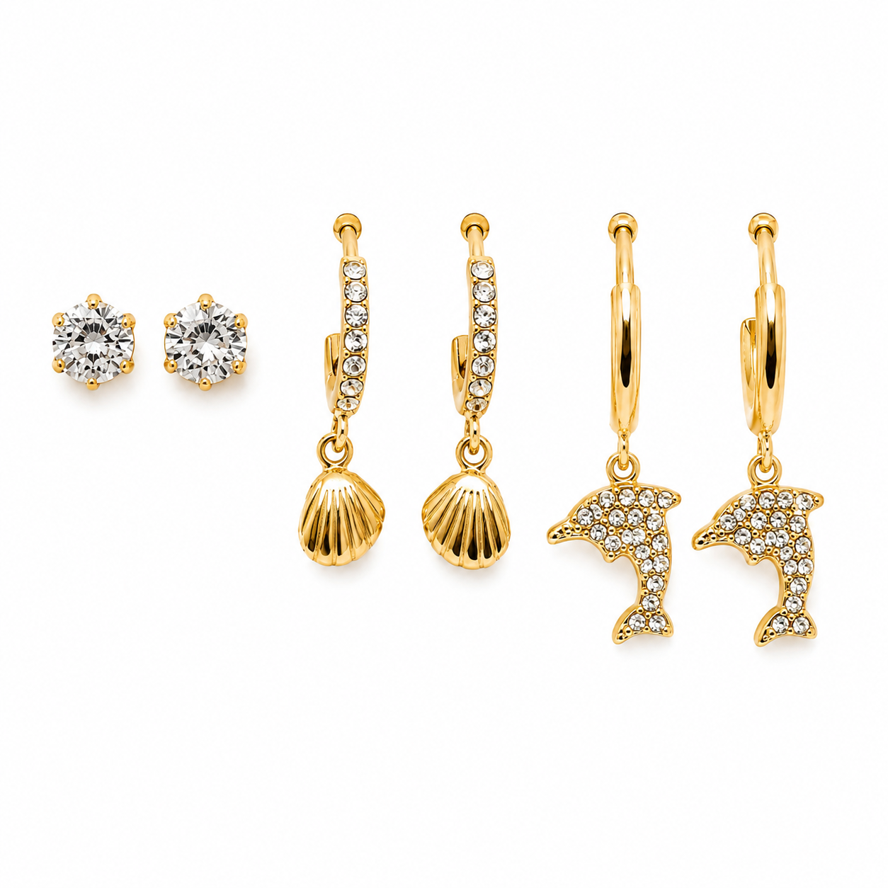 Golden Ocean 3-piece earrings set with dolphin, shell and crystal gold earrings for beach vacation and secondary piercings