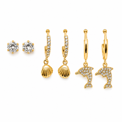 Golden Ocean 3-piece earrings set with dolphin, shell and crystal gold earrings for beach vacation and secondary piercings