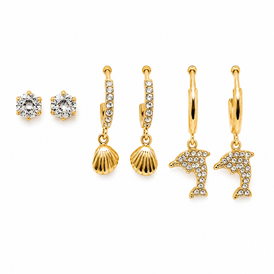 Golden Ocean 3-piece earrings set with dolphin, shell and crystal gold earrings for beach vacation and secondary piercings
