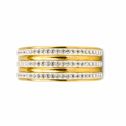 Fourfold Gold Ring with sparkling clear stones, multi-row design and polished gold finish