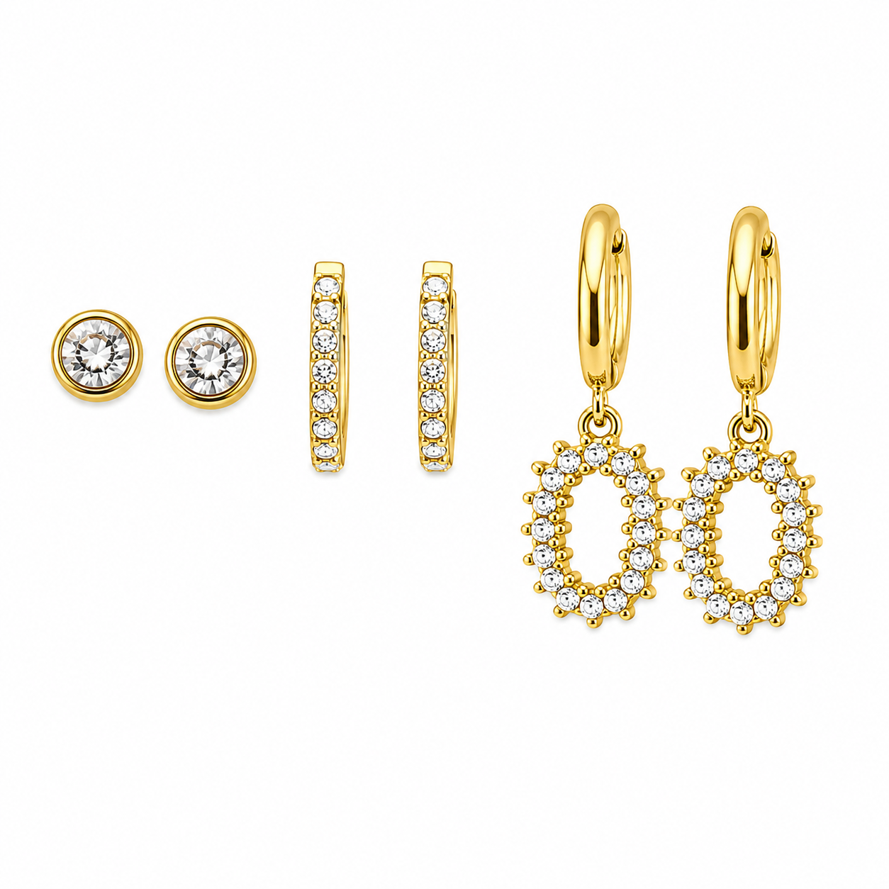 Golden Stardust 3-piece crystal earrings set, gold waterproof earrings for ear stacking and secondary piercings