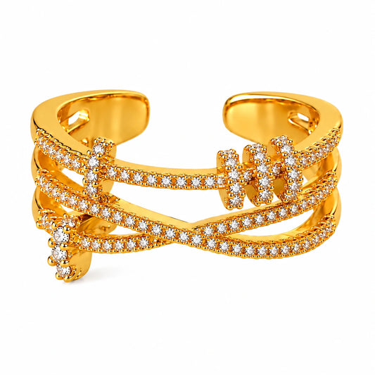 The Golden Muse gold-plated zircon crossover statement ring by TIORA Jewellery