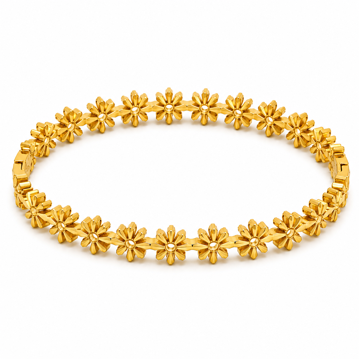 Daisy Bloom Hollow Gold Bangle with daisy floral links, hollow center design, polished gold finish, lightweight women's bracelet for everyday wear and special occasions.