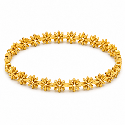 Daisy Bloom Hollow Gold Bangle with daisy floral links, hollow center design, polished gold finish, lightweight women's bracelet for everyday wear and special occasions.