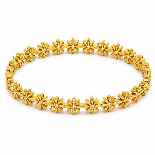 Daisy Bloom Hollow Gold Bangle with daisy floral links, hollow center design, polished gold finish, lightweight women's bracelet for everyday wear and special occasions.