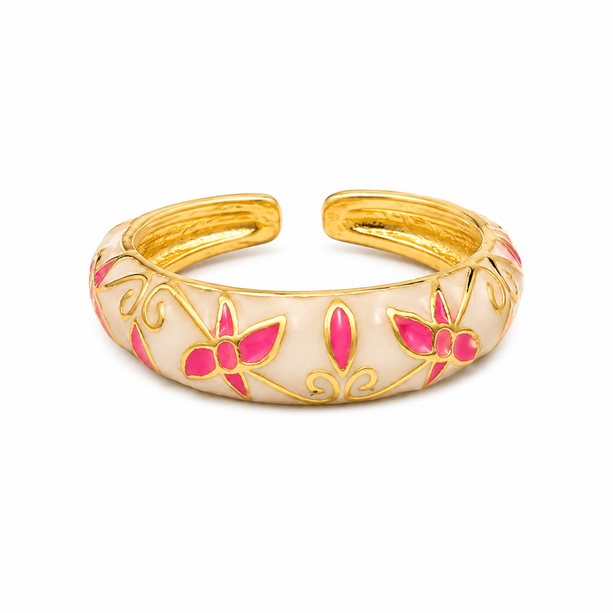 Cherry Blossom Enamel Ring in gold stainless steel with pink floral enamel design, waterproof, anti-tarnish, lightweight, hypoallergenic, elegant everyday fashion ring for women.