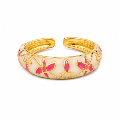 Cherry Blossom Enamel Ring in gold stainless steel with pink floral enamel design, waterproof, anti-tarnish, lightweight, hypoallergenic, elegant everyday fashion ring for women.