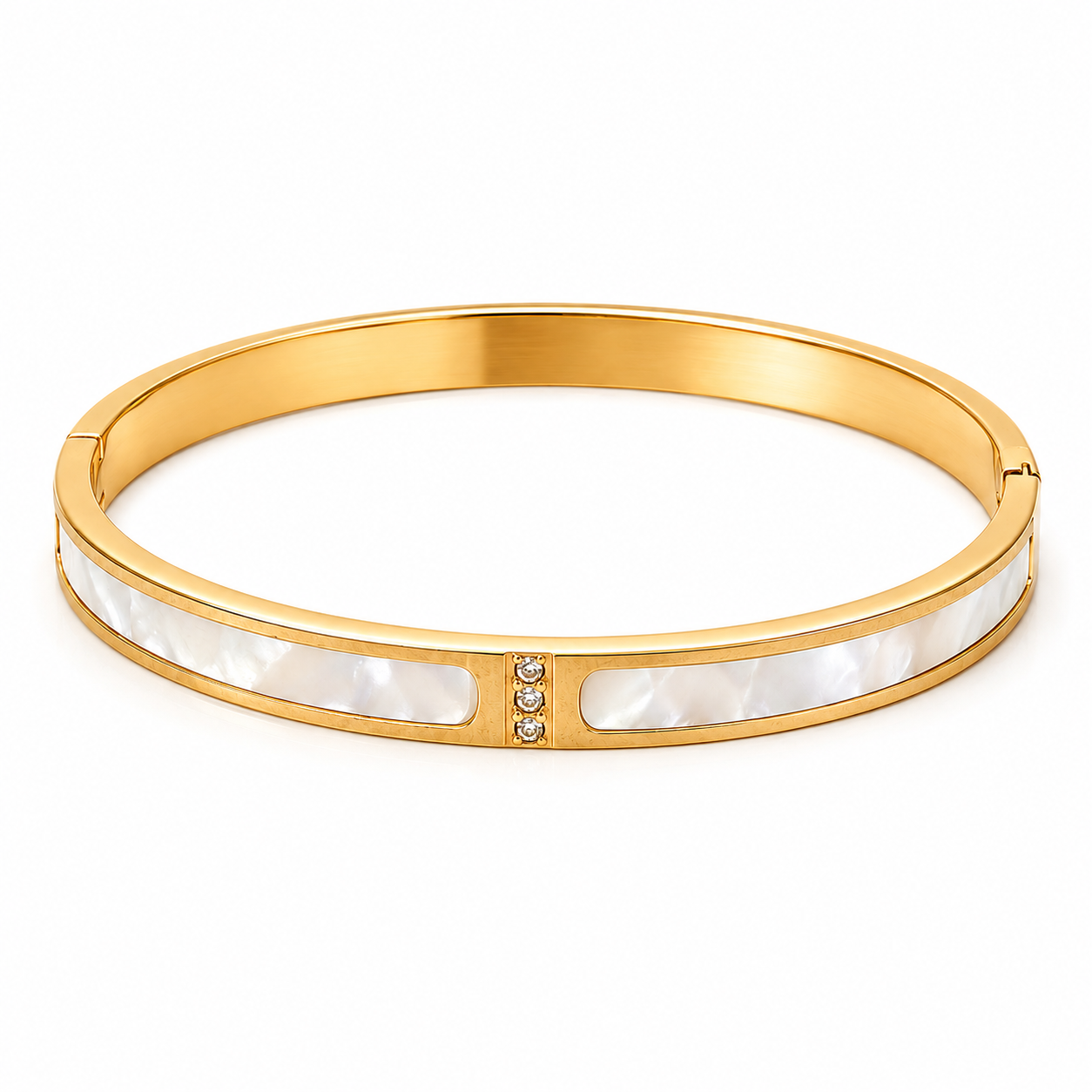 18K gold mother of pearl bangle bracelet for women featuring crystal accents, waterproof tarnish-resistant 316L stainless steel minimalist luxury jewelry.