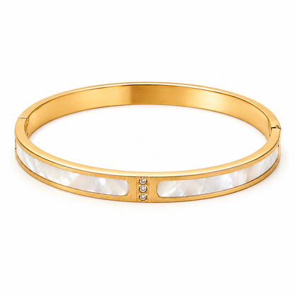 18K gold mother of pearl bangle bracelet for women featuring crystal accents, waterproof tarnish-resistant 316L stainless steel minimalist luxury jewelry.