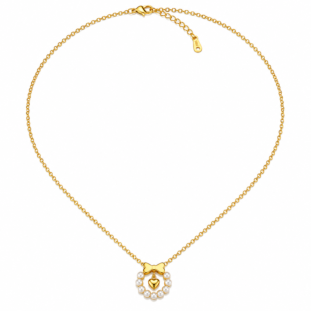 Pearl Bow Heart Necklace for women in waterproof anti-tarnish gold-plated stainless steel with faux pearls and heart charm, lightweight hypoallergenic dainty everyday jewelry.