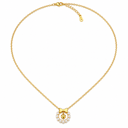 Pearl Bow Heart Necklace for women in waterproof anti-tarnish gold-plated stainless steel with faux pearls and heart charm, lightweight hypoallergenic dainty everyday jewelry.