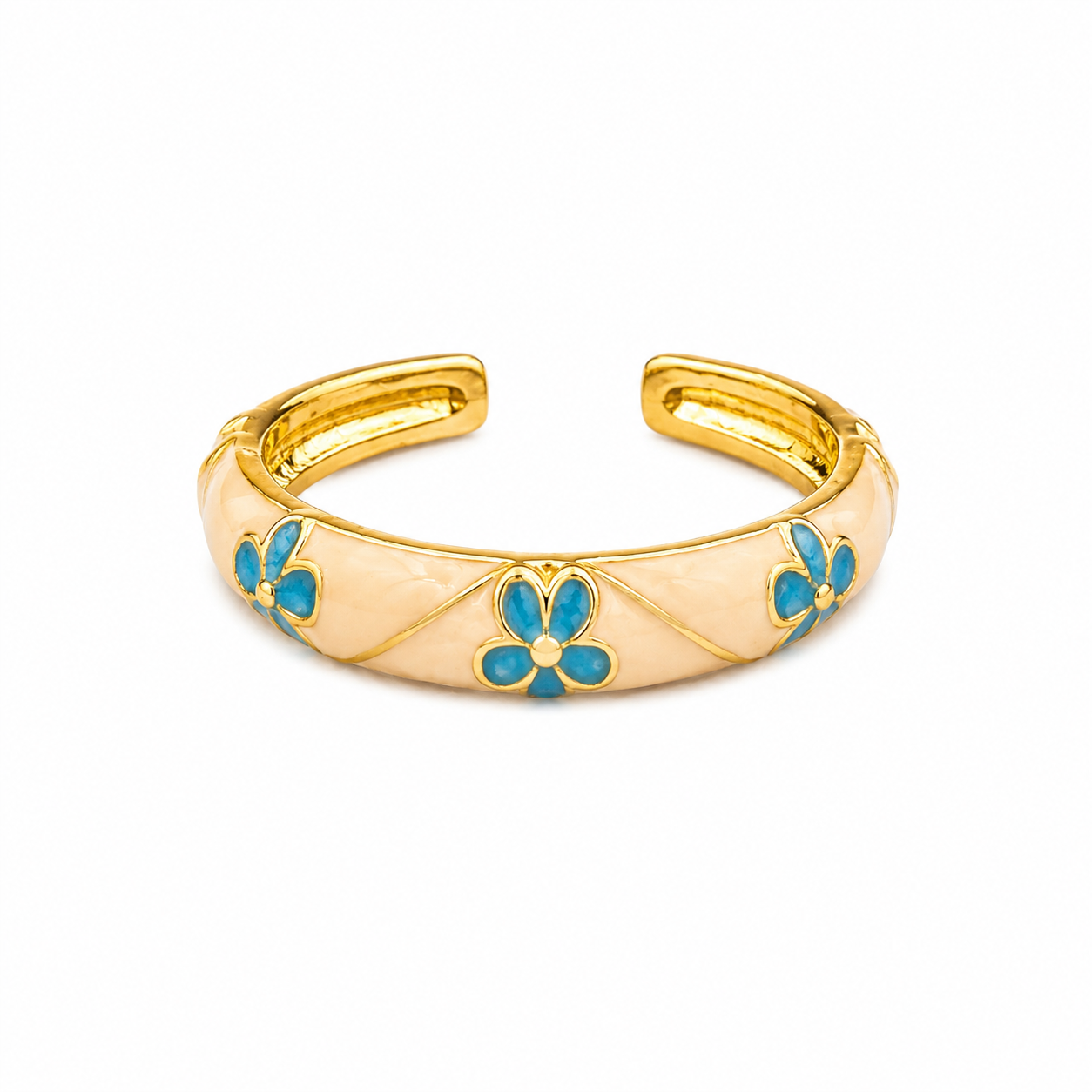 Coastal Bloom Enamel Ring in gold-tone stainless steel with ivory enamel and blue floral accents, waterproof, anti-tarnish, adjustable, lightweight, hypoallergenic women's statement ring.