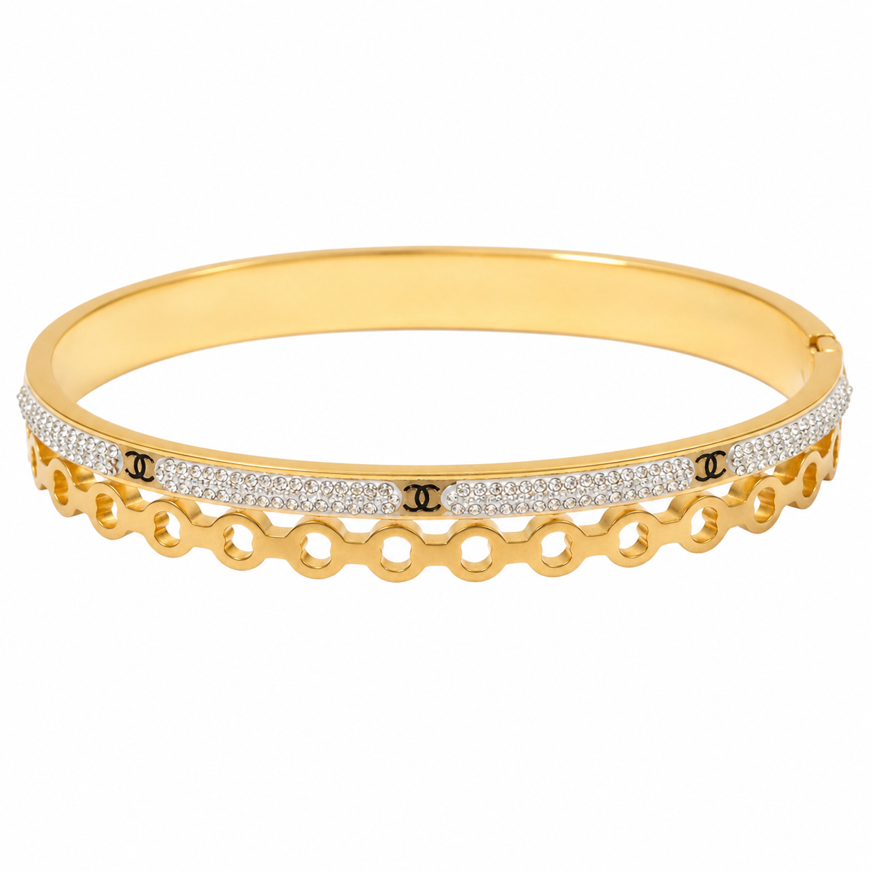 Love Story Gold Bangle with pavé crystal detailing, polished gold finish, elegant women's bangle bracelet for everyday wear, weddings, parties, and special occasions.