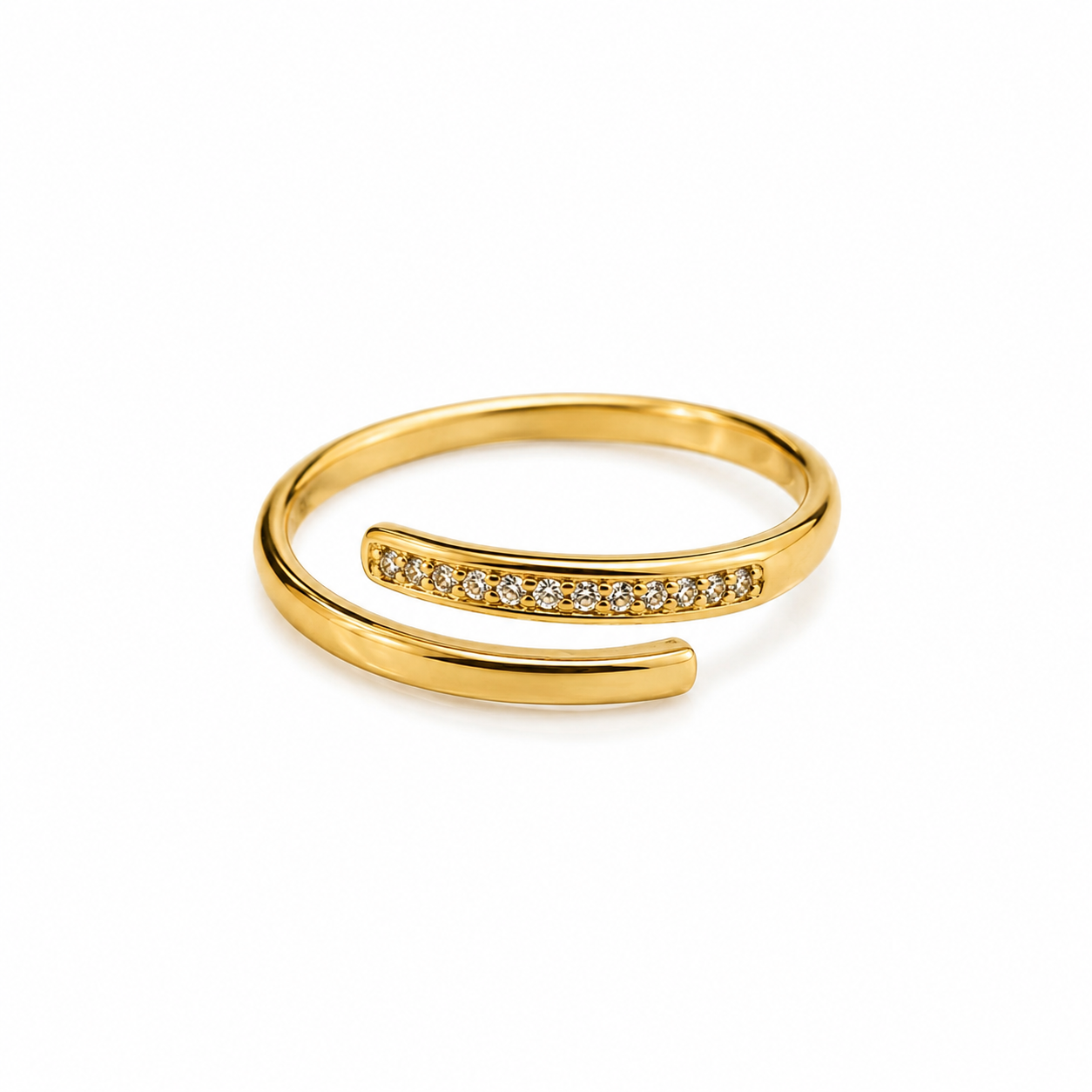 Warm Hug Stone Ring in gold-tone stainless steel with sparkling stones, open adjustable design