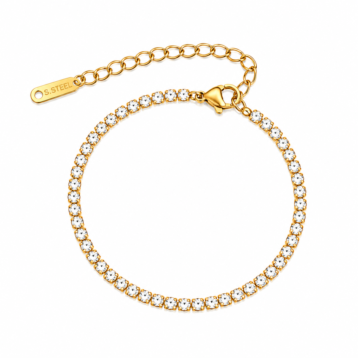 Dainty gold tennis bracelet with sparkling crystal stones, waterproof anti-tarnish jewellery by TIORA Jewellery
