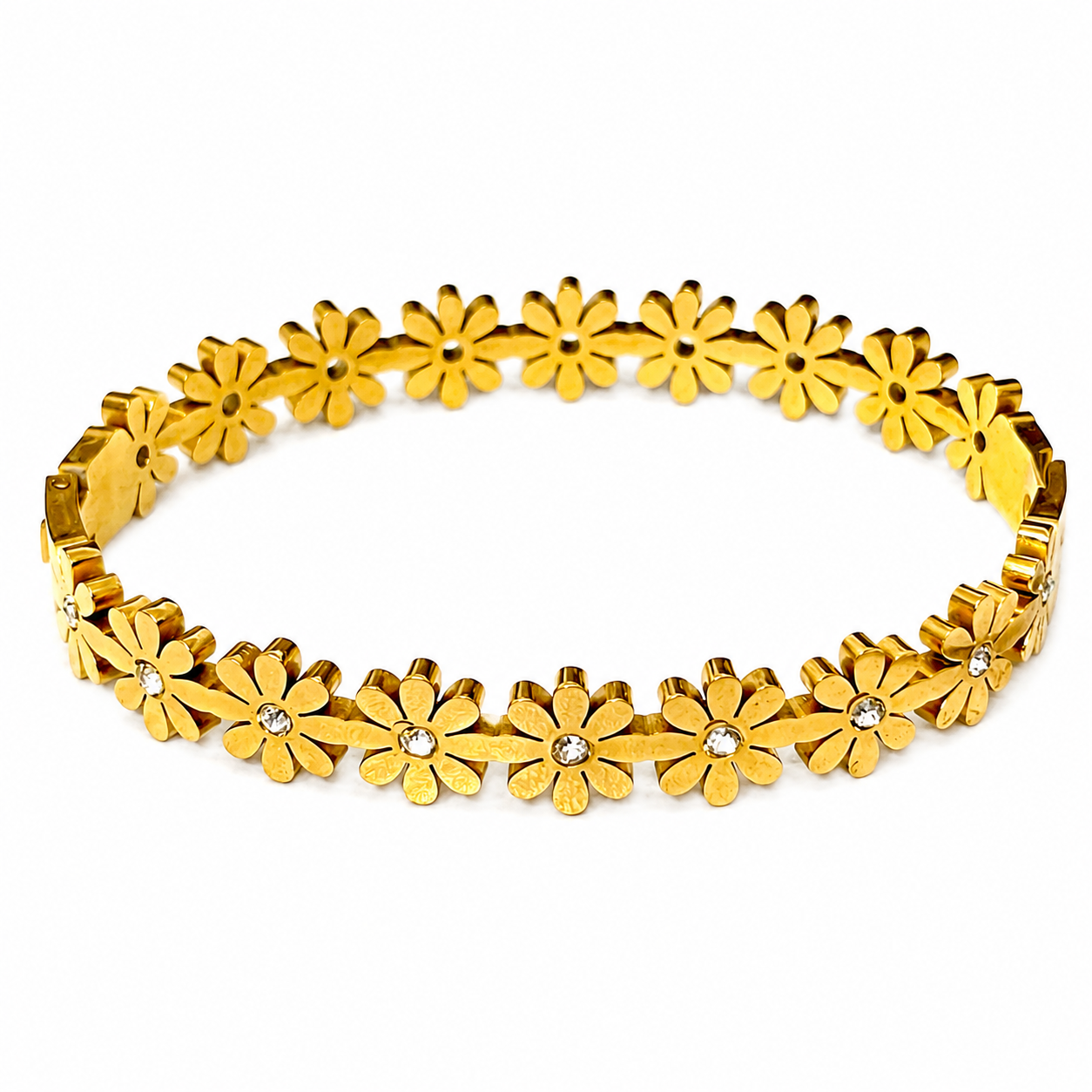 Daisy Bloom Stone Gold Bangle with sparkling stone-centered daisy floral links, polished gold finish, elegant women's bracelet for weddings, parties, and everyday wear.