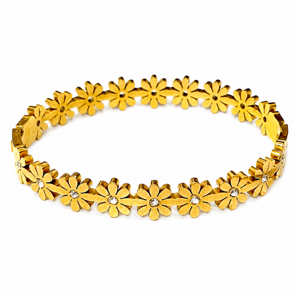 Daisy Bloom Stone Gold Bangle with sparkling stone-centered daisy floral links, polished gold finish, elegant women's bracelet for weddings, parties, and everyday wear.