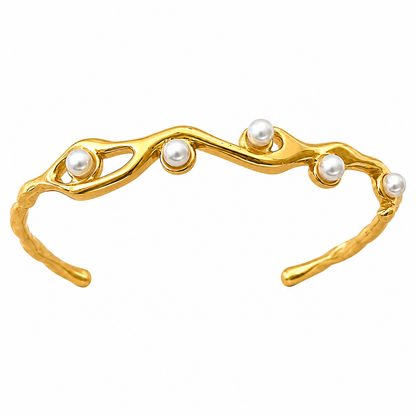 Golden Pearl Wave Cuff Bangle Bracelet with white faux pearls and glossy gold finish