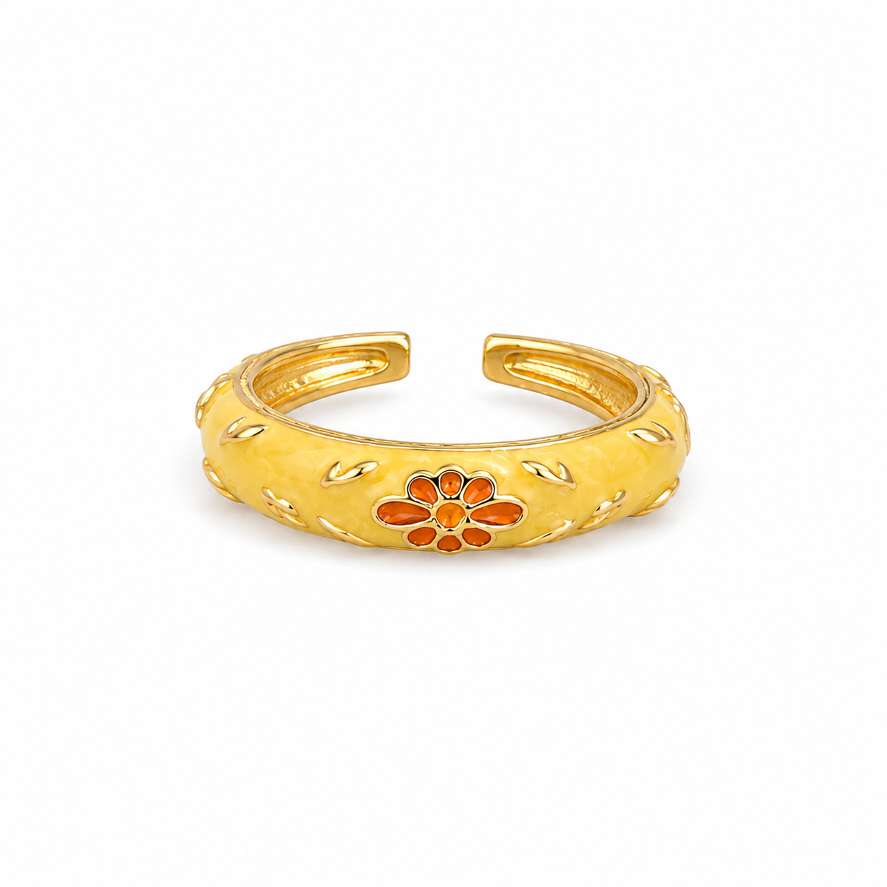 Marigold Bloom Enamel Ring in gold-tone stainless steel featuring butter yellow enamel and an orange floral design, adjustable, waterproof, anti-tarnish, lightweight, and hypoallergenic.