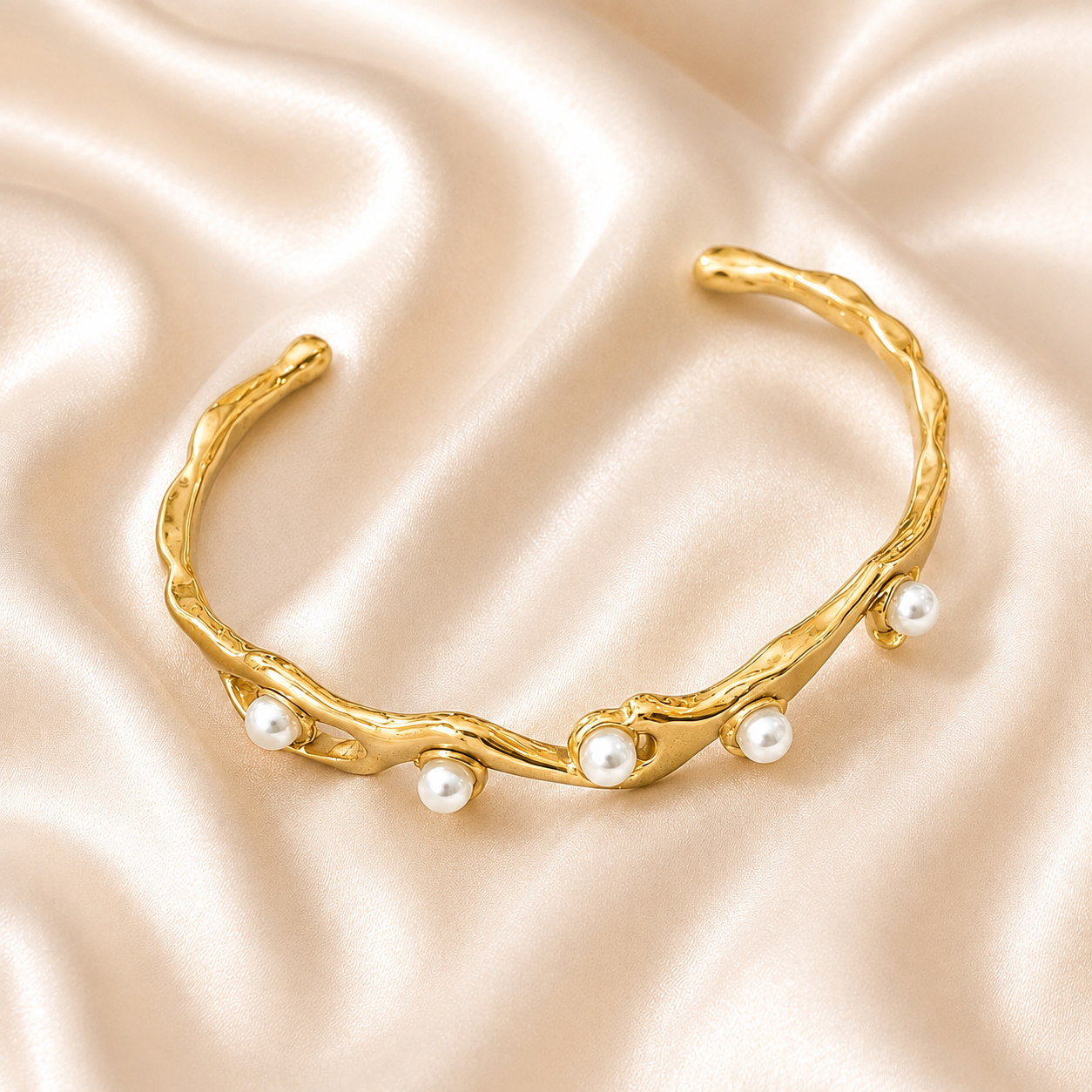 Golden Pearl Wave Cuff Bangle Bracelet