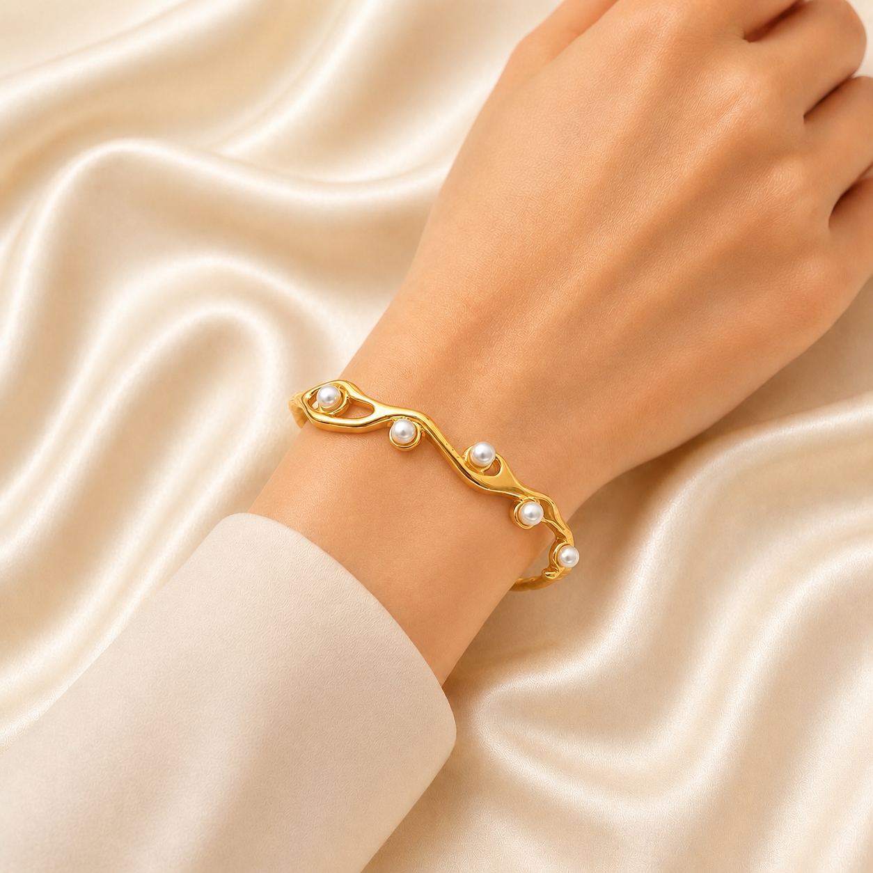 Golden Pearl Wave Cuff Bangle Bracelet