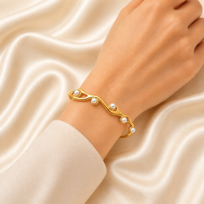 Golden Pearl Wave Cuff Bangle Bracelet