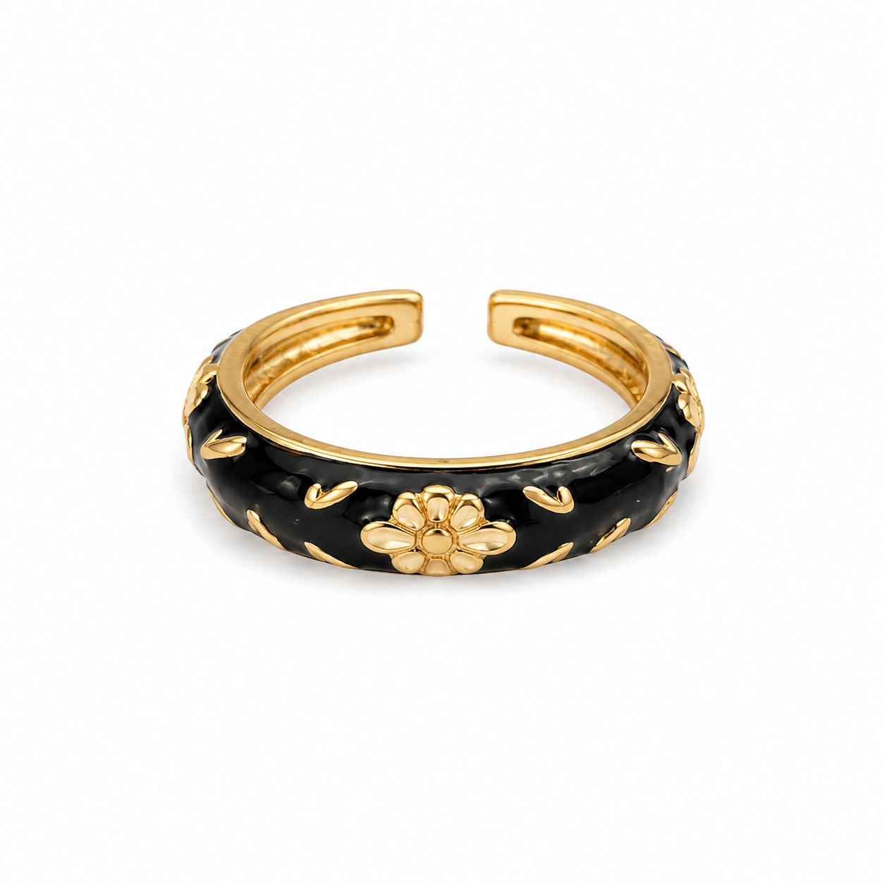 Midnight Blossom Enamel Ring in glossy black enamel with gold floral detailing, waterproof anti-tarnish stainless steel hypoallergenic statement ring for women.