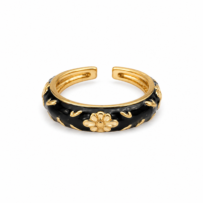 Midnight Blossom Enamel Ring in glossy black enamel with gold floral detailing, waterproof anti-tarnish stainless steel hypoallergenic statement ring for women.