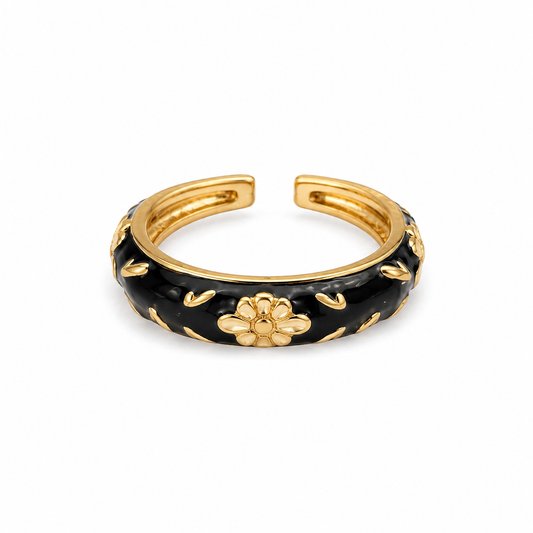 Midnight Blossom Enamel Ring in glossy black enamel with gold floral detailing, waterproof anti-tarnish stainless steel hypoallergenic statement ring for women.