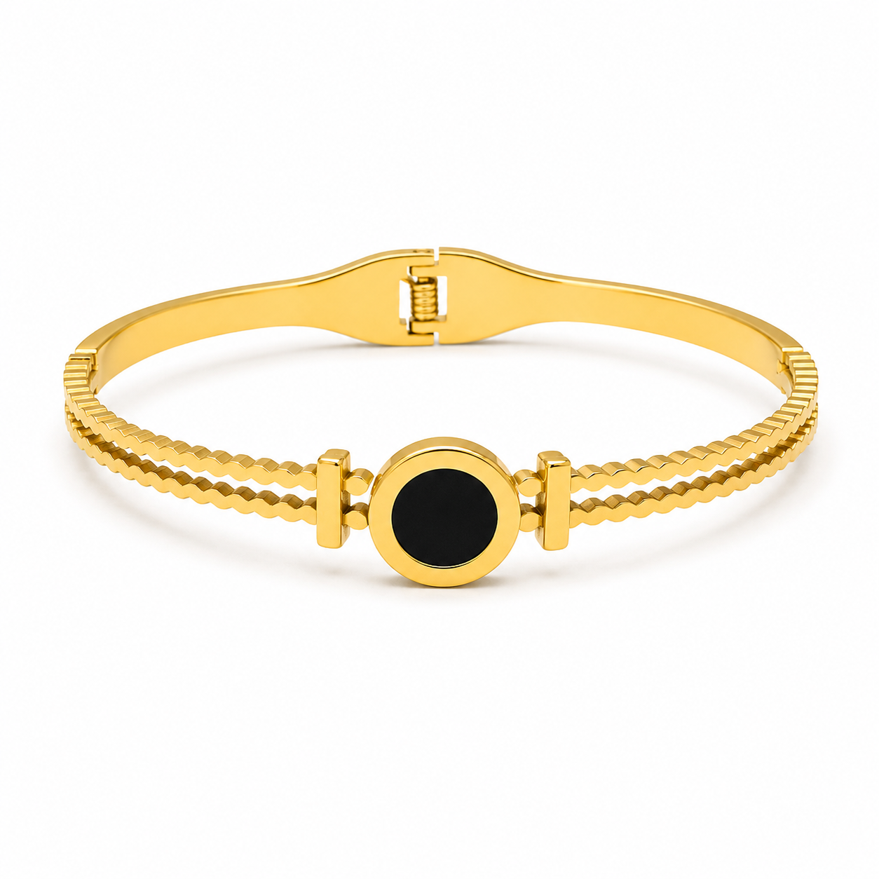 Black Onyx Gold Cuff Bangle Bracelet with polished gold stainless steel and black onyx center, waterproof anti-tarnish jewelry