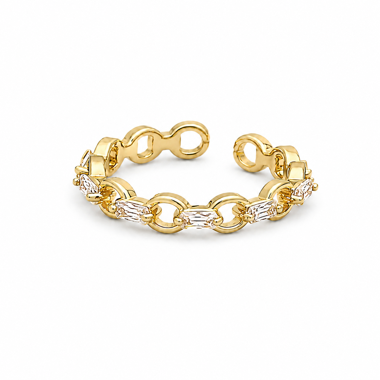 Women's Golden Link Baguette Ring with gold chain-link design and sparkling baguette crystals, waterproof stainless steel statement ring for everyday wear.