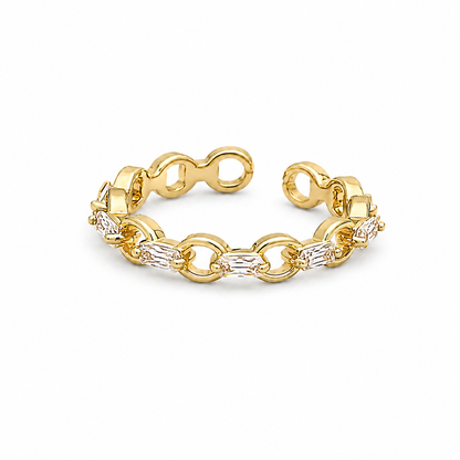 Women's Golden Link Baguette Ring with gold chain-link design and sparkling baguette crystals, waterproof stainless steel statement ring for everyday wear.