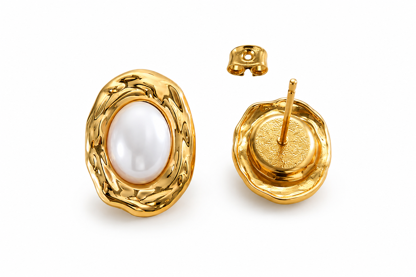 Anti tarnish waterproof gold pearl stud earrings close up detail