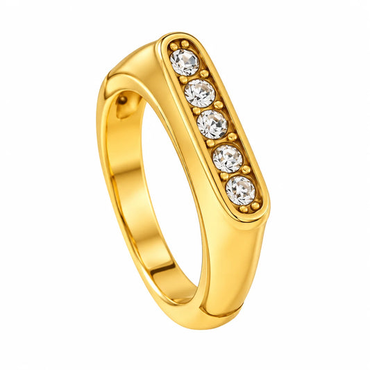 Zaryab Meets Abu Bakar gold crystal statement ring with five clear stones and a polished gold-tone finish