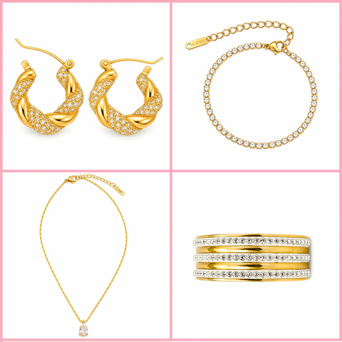 4-piece gold jewellery set featuring crystal pendant necklace, gold ring, pavé hoops and tennis bracelet
