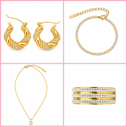 4-piece gold jewellery set featuring crystal pendant necklace, gold ring, pavé hoops and tennis bracelet