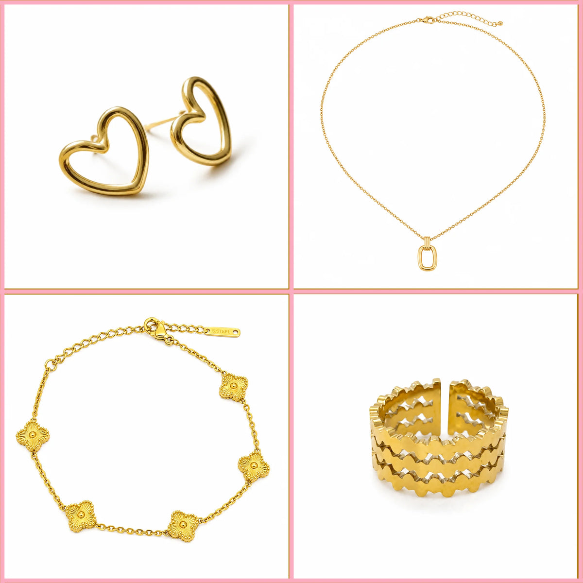 The Gold Lover’s Bundle gold jewellery set for women featuring heart earrings, pendant necklace, charm bracelet and statement ring