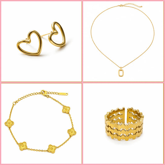 The Gold Lover’s Bundle gold jewellery set for women featuring heart earrings, pendant necklace, charm bracelet and statement ring