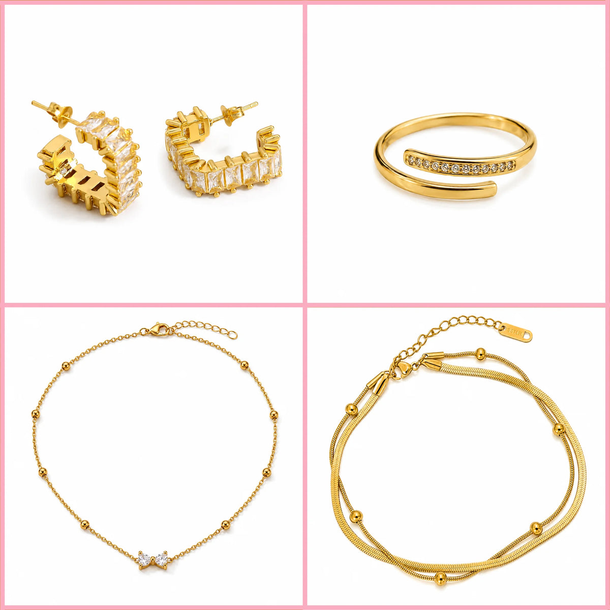 The Glowup Bundle 4-piece gold jewellery set for women with sparkling crystal earrings, ring, necklace and bracelet