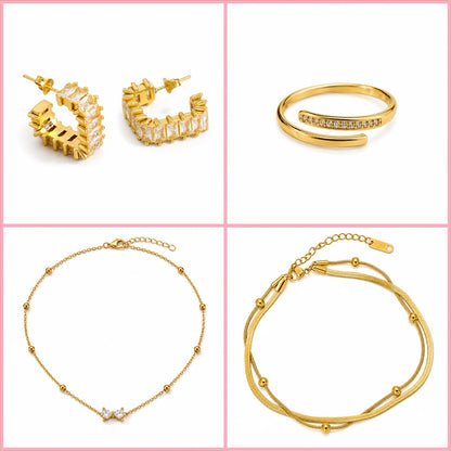 The Glowup Bundle 4-piece gold jewellery set for women with sparkling crystal earrings, ring, necklace and bracelet