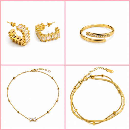 The Glowup Bundle 4-piece gold jewellery set for women with sparkling crystal earrings, ring, necklace and bracelet