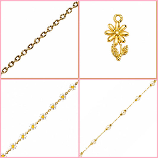 The Daisy Bracelet Stack Bundle featuring gold floral bracelets, daisy charms and pearl accents for women