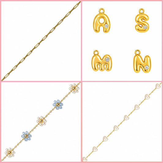 The Sweetheart Bundle personalized gold jewellery set with your choice of initial charm, floral bracelet and heart pearl bracelet