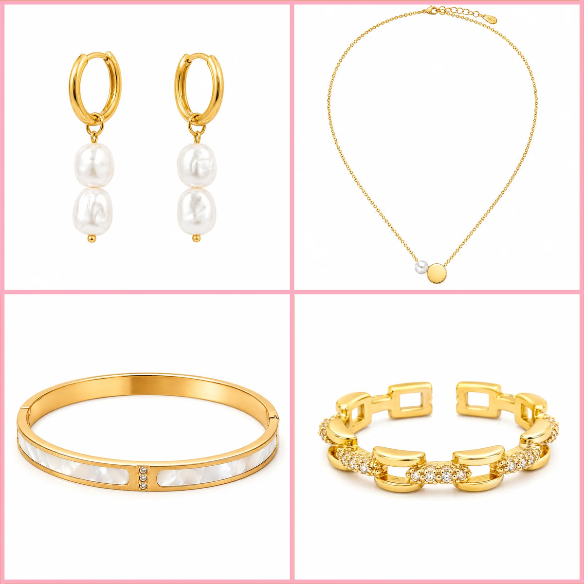 The Pearly Babe gold pearl jewellery set for women featuring pearl earrings, necklace, bangle and sparkling bracelet
