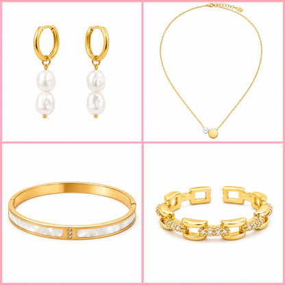 The Pearly Babe gold pearl jewellery set for women featuring pearl earrings, necklace, bangle and sparkling bracelet