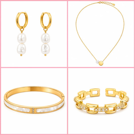 The Pearly Babe gold pearl jewellery set for women featuring pearl earrings, necklace, bangle and sparkling bracelet